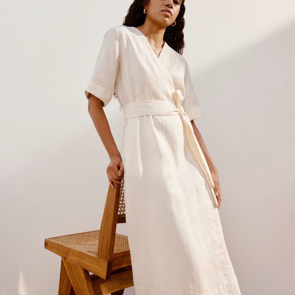 New Everlane Off White Bone Linen Wrap Dress XXL